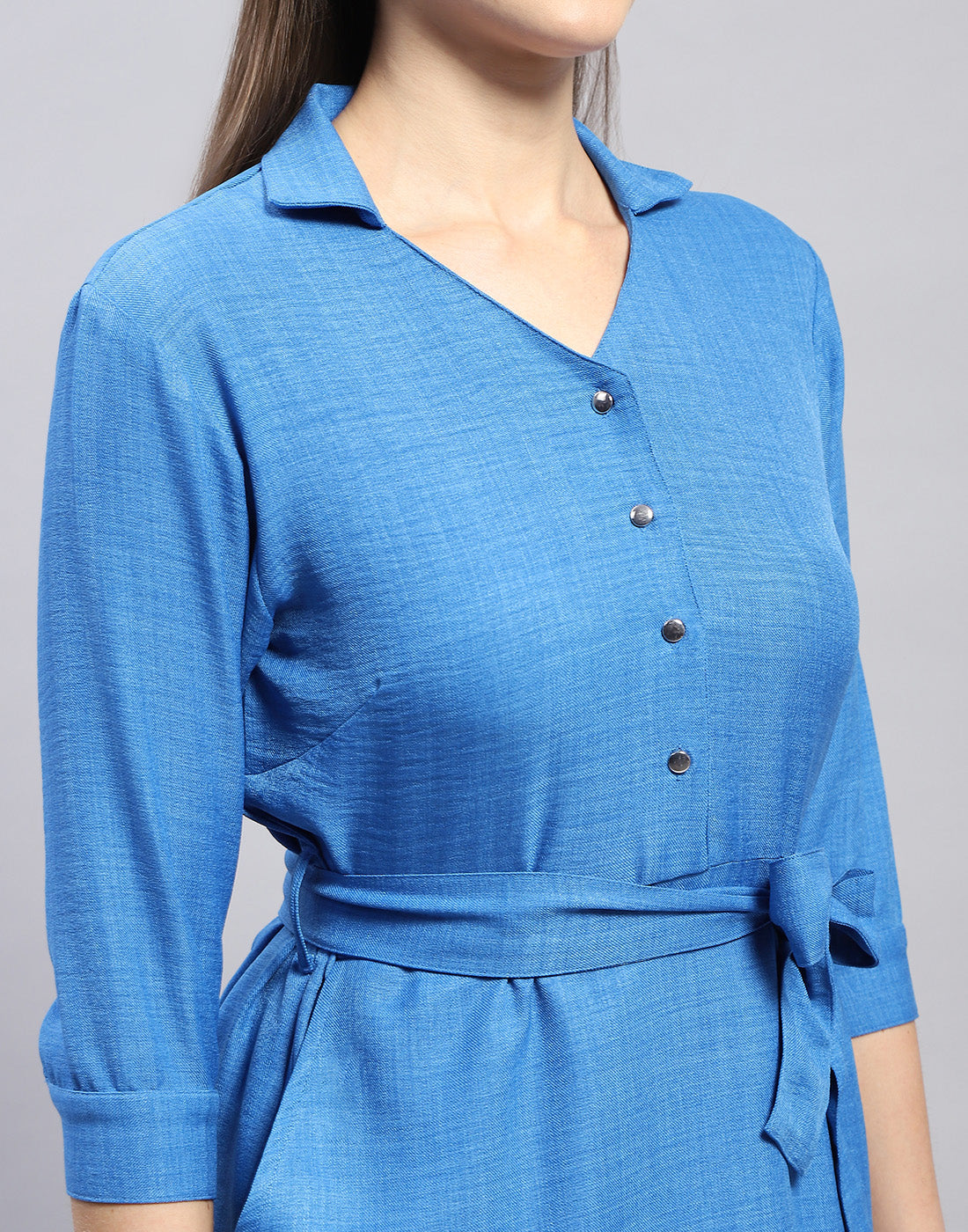 Women Blue Solid Collar 3/4 Sleeve Tunic