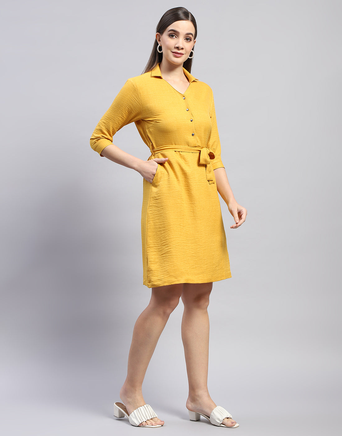 Women Yellow Solid Collar Neck Tunic