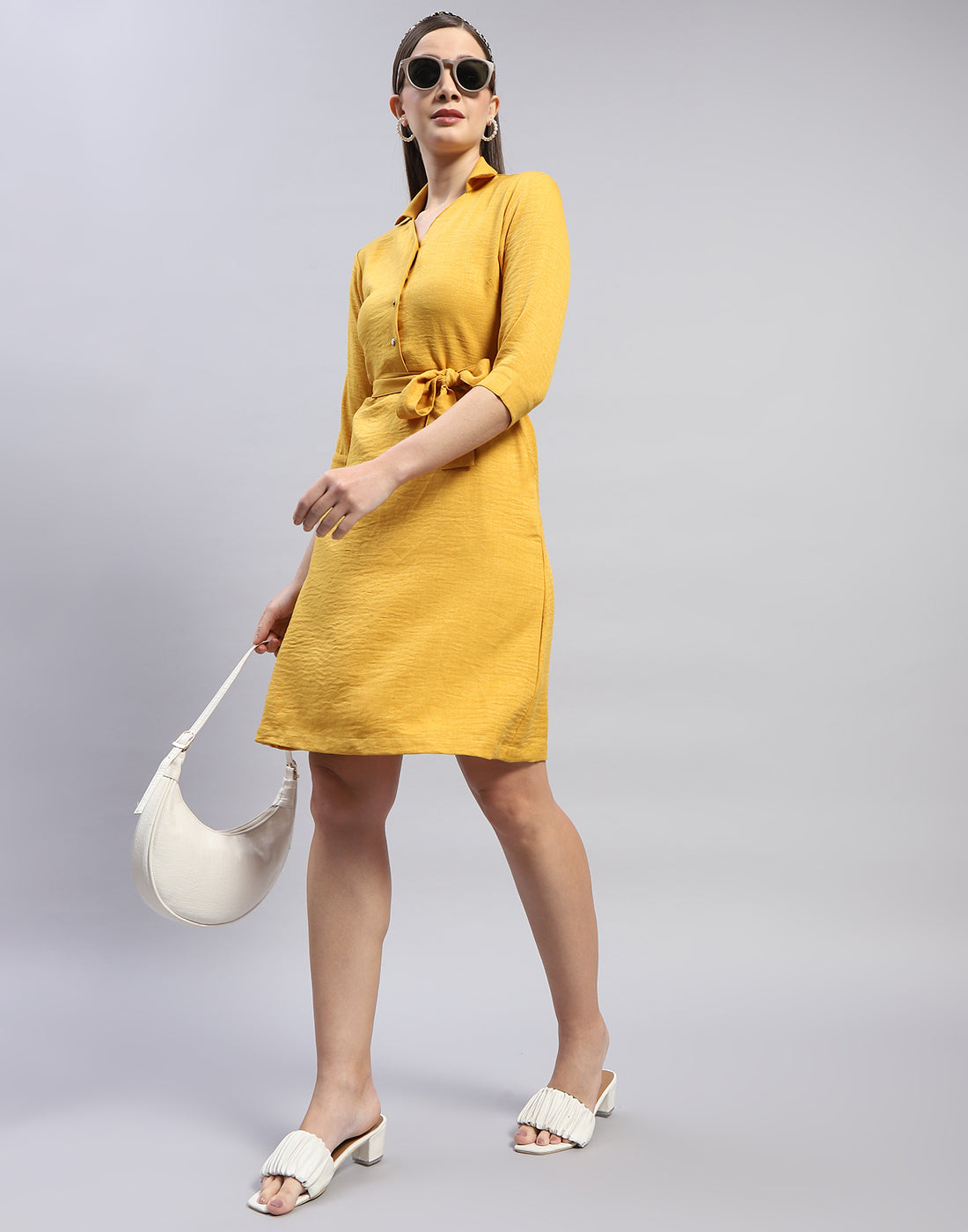 Women Yellow Solid Collar Neck Tunic