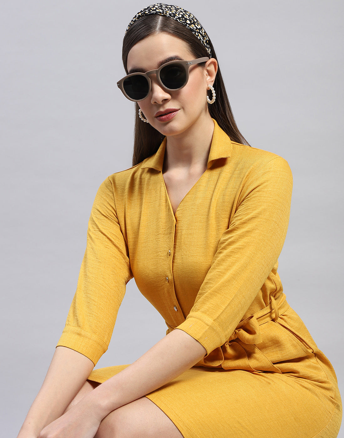 Women Yellow Solid Collar Neck Tunic