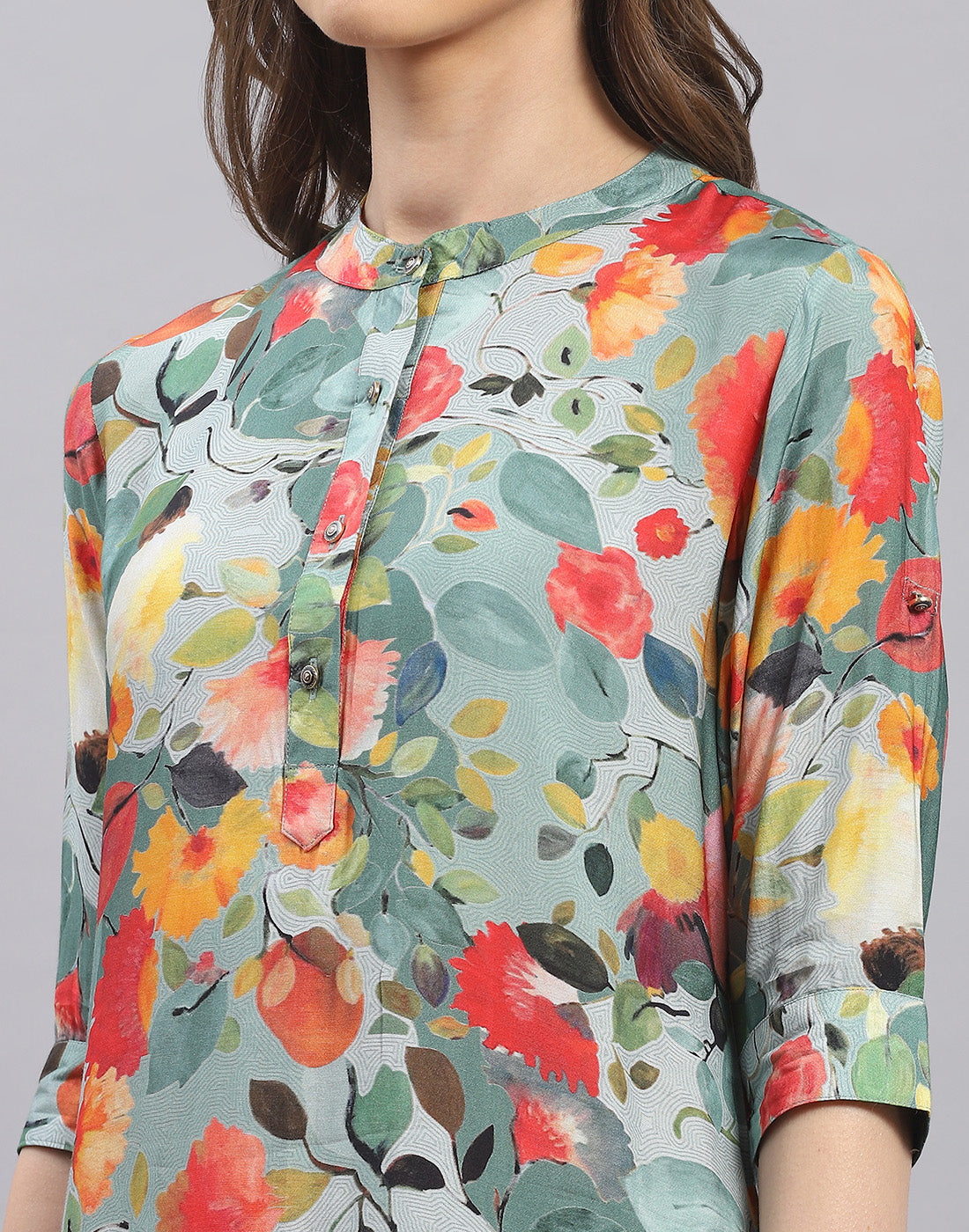 Women Green Printed Mandarin Collar Half Sleeve Cords Set