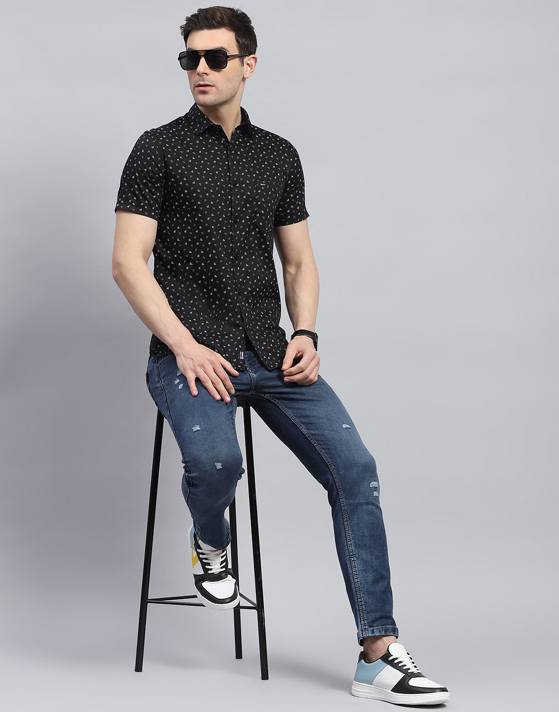 Men Black Printed Spread Collar Half Sleeve Shirt