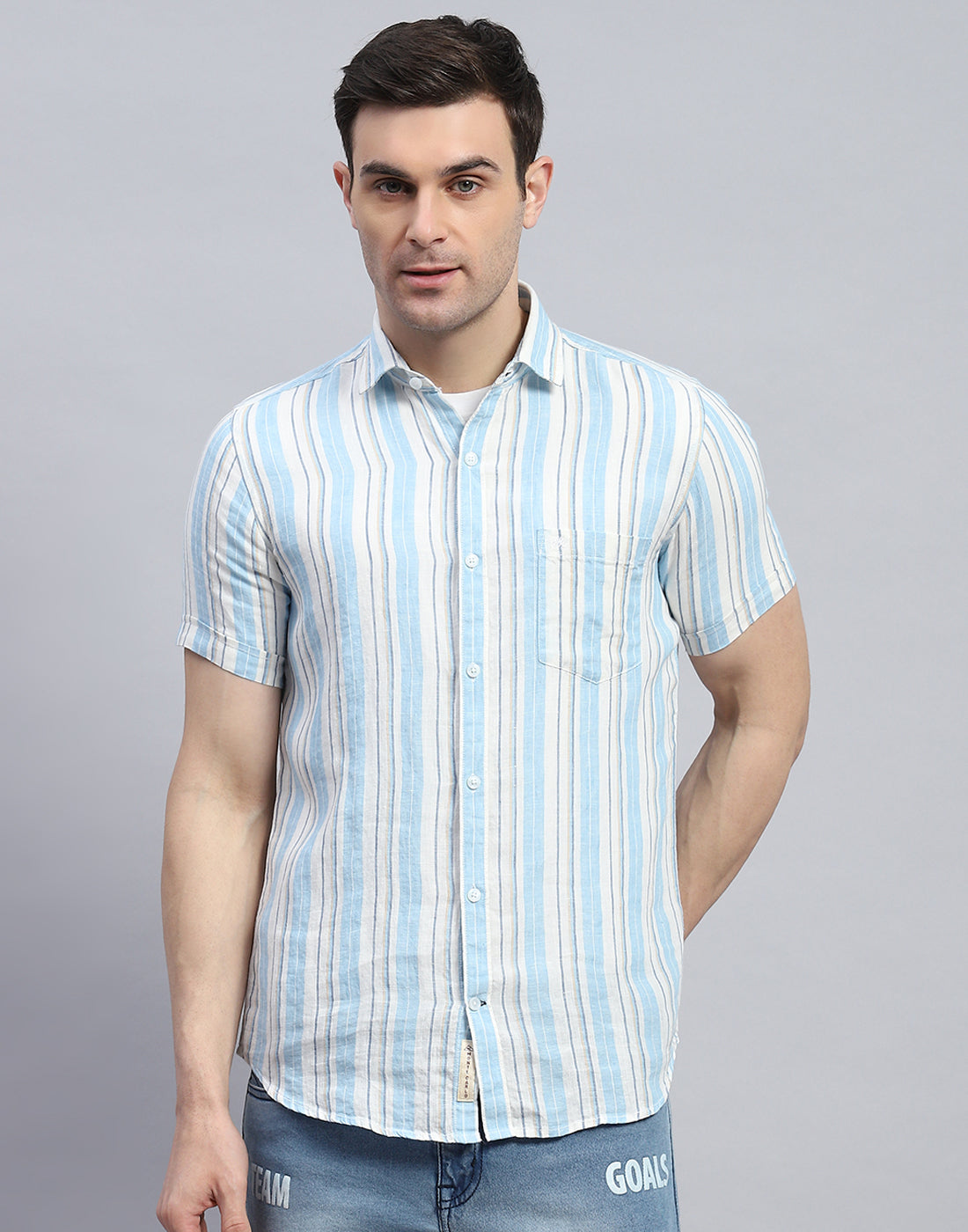 Men Blue Stripe Spread Collar Half Sleeve Linen Shirt