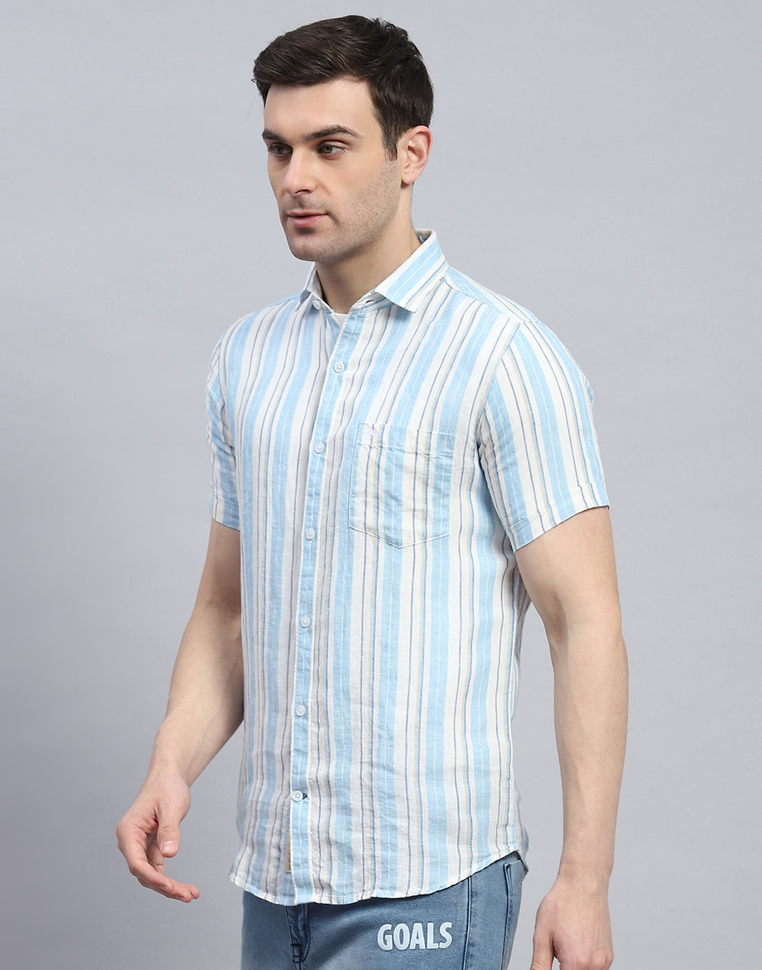 Men Blue Stripe Spread Collar Half Sleeve Linen Shirt