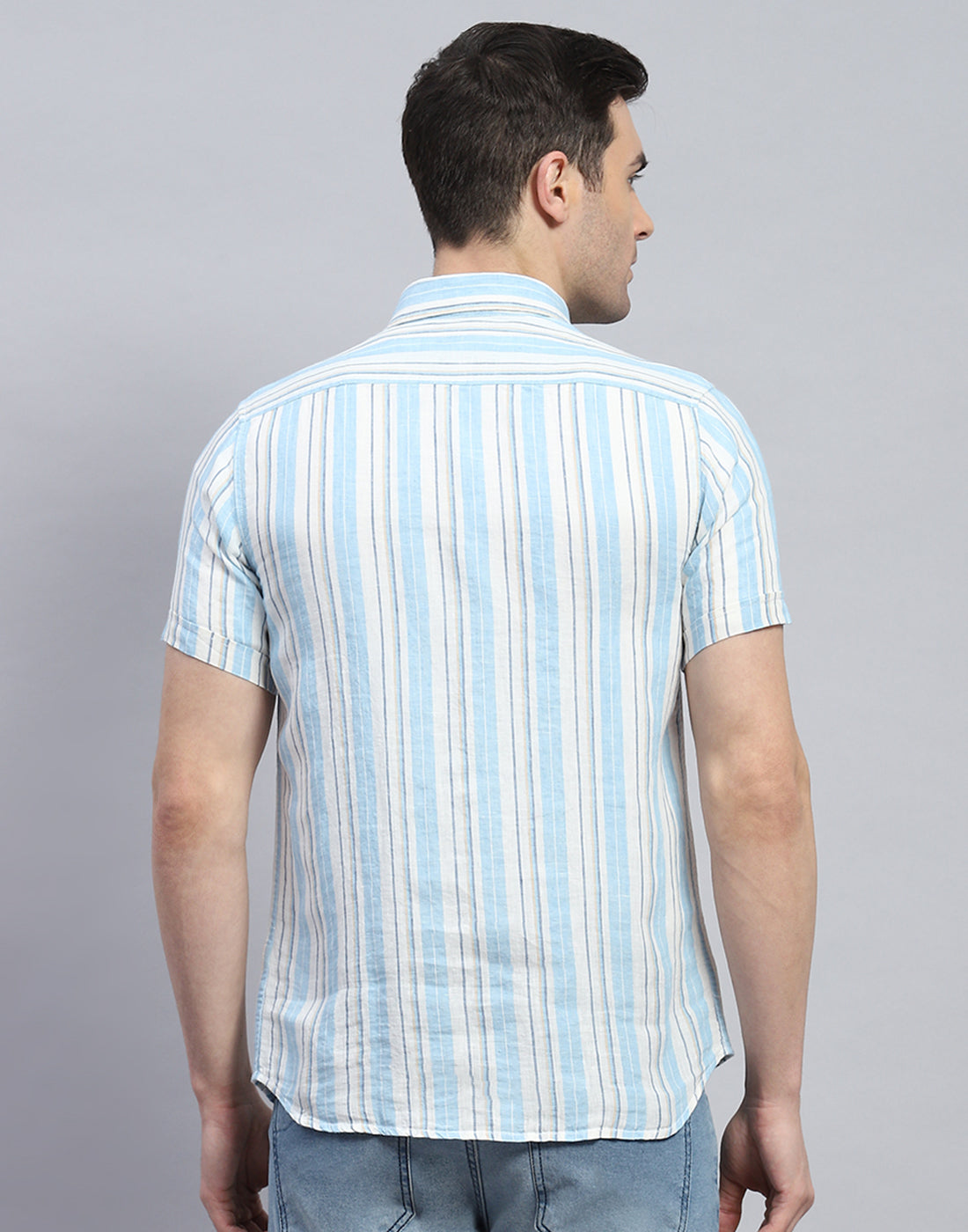 Men Blue Stripe Spread Collar Half Sleeve Linen Shirt