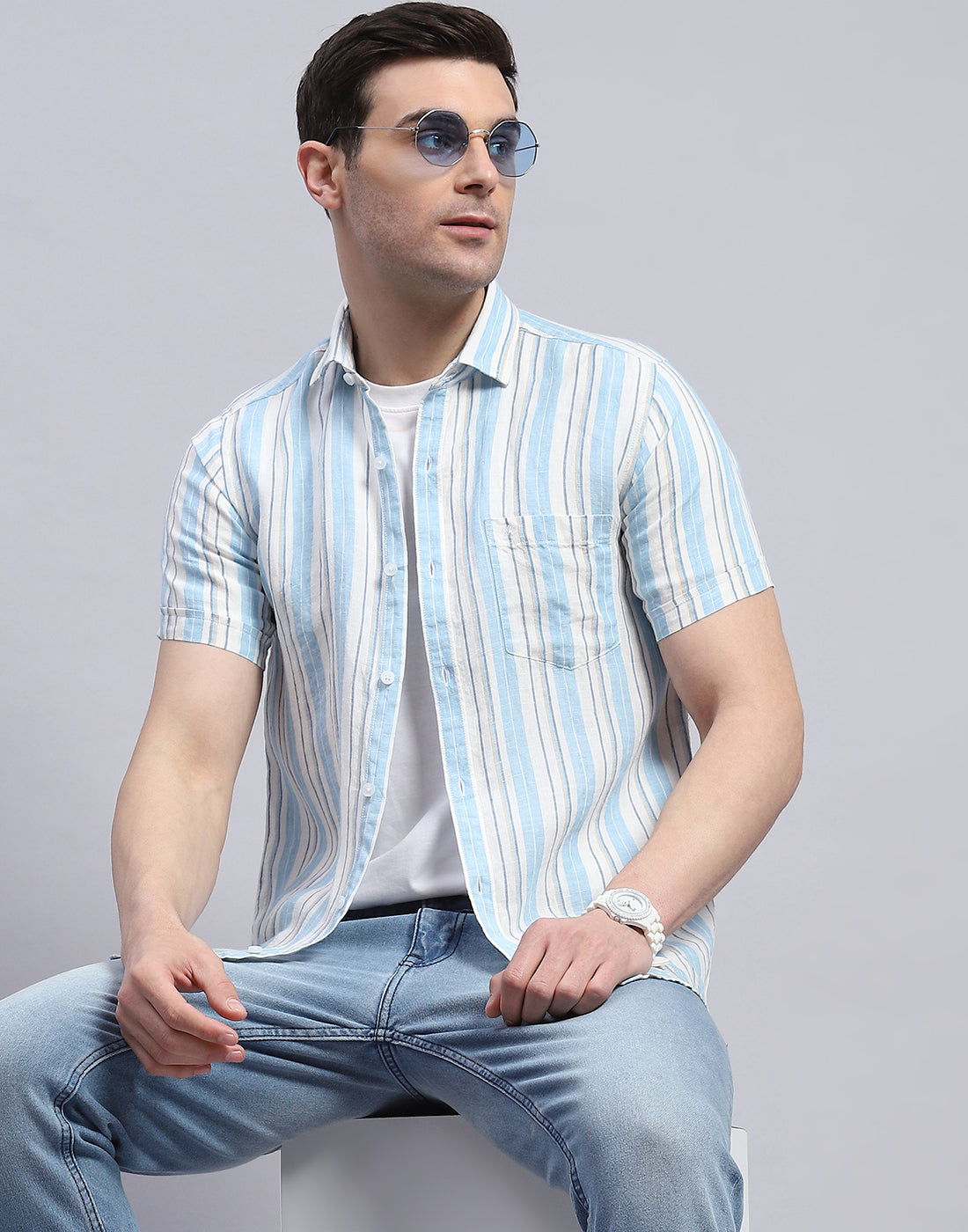 Men Blue Stripe Spread Collar Half Sleeve Linen Shirt