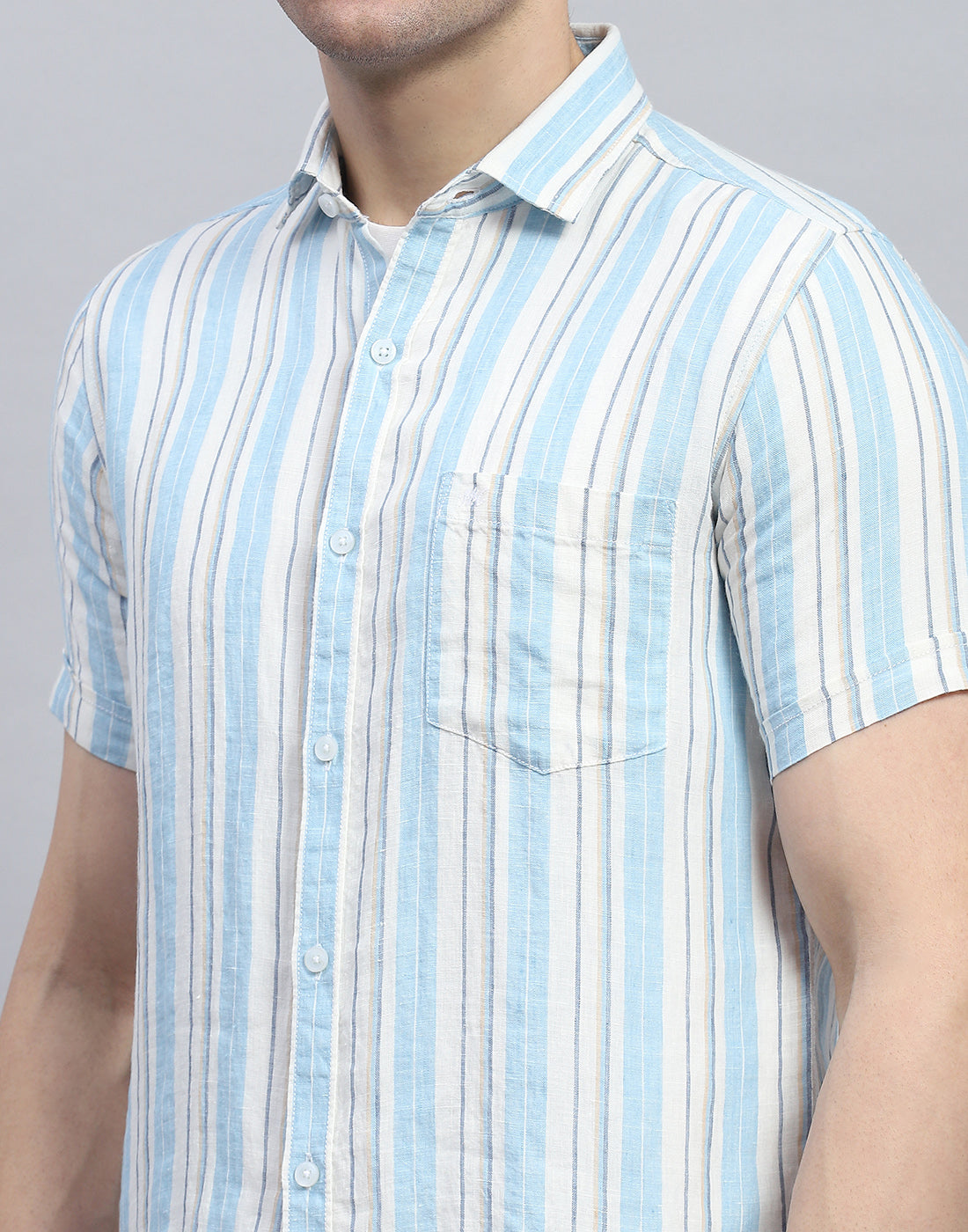 Men Blue Stripe Spread Collar Half Sleeve Linen Shirt