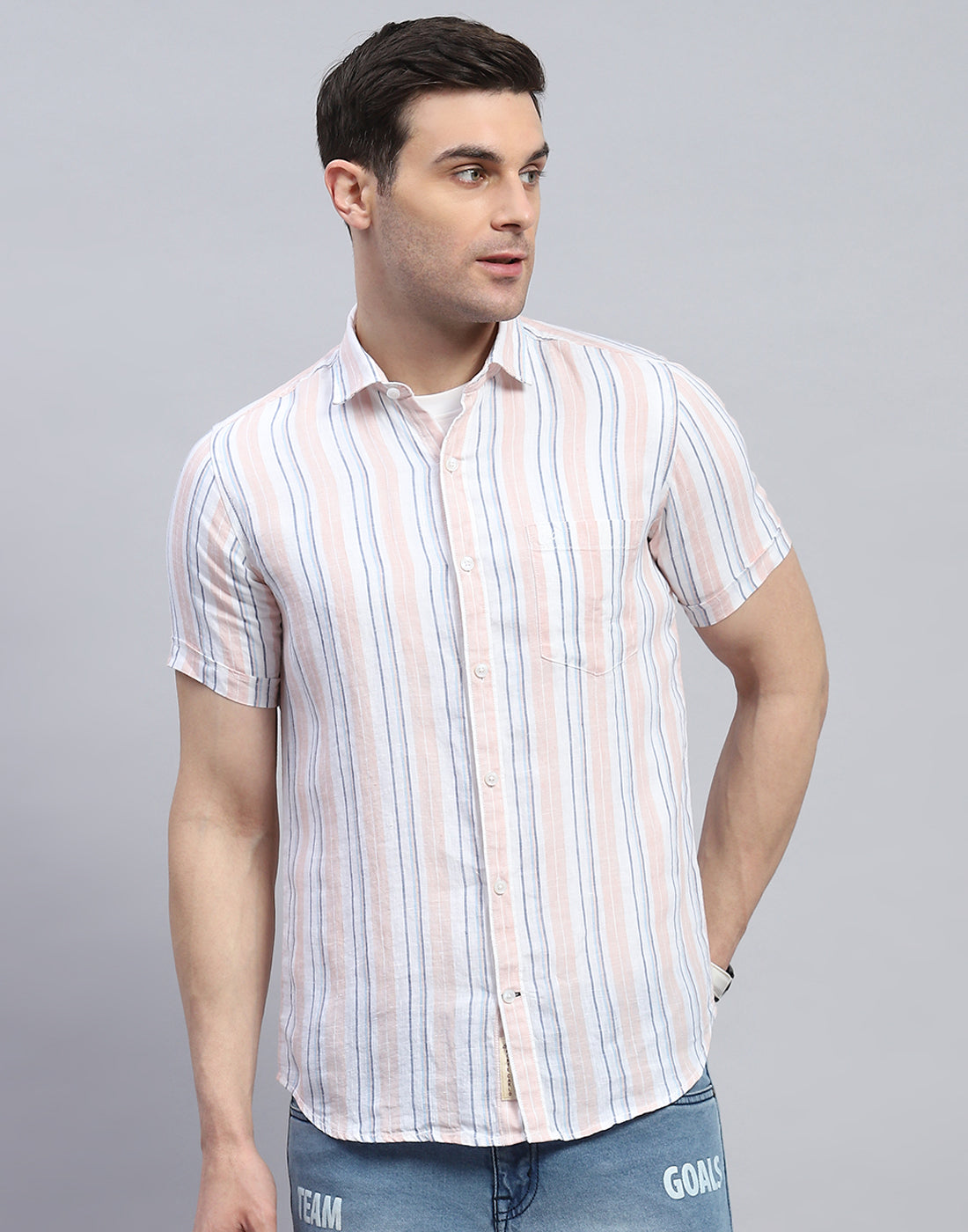 Men Peach Stripe Spread Collar Half Sleeve Linen Shirt