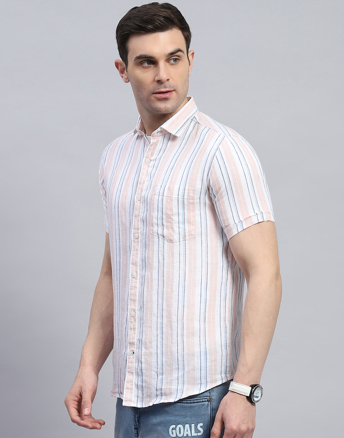 Men Peach Stripe Spread Collar Half Sleeve Linen Shirt