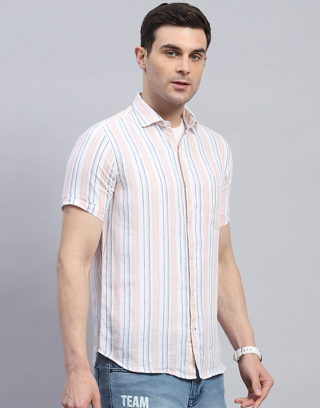 Men Peach Stripe Spread Collar Half Sleeve Linen Shirt