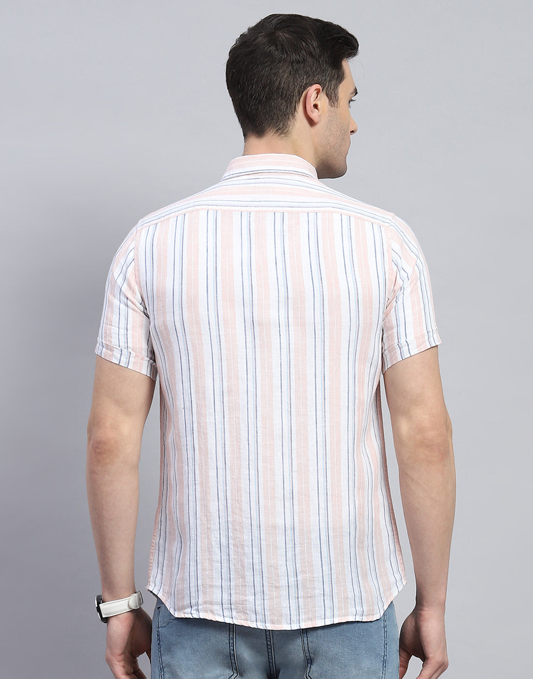 Men Peach Stripe Spread Collar Half Sleeve Linen Shirt