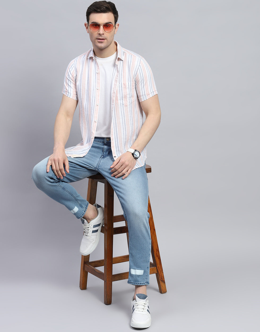 Men Peach Stripe Spread Collar Half Sleeve Linen Shirt