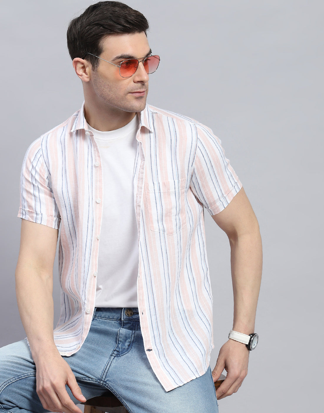 Men Peach Stripe Spread Collar Half Sleeve Linen Shirt