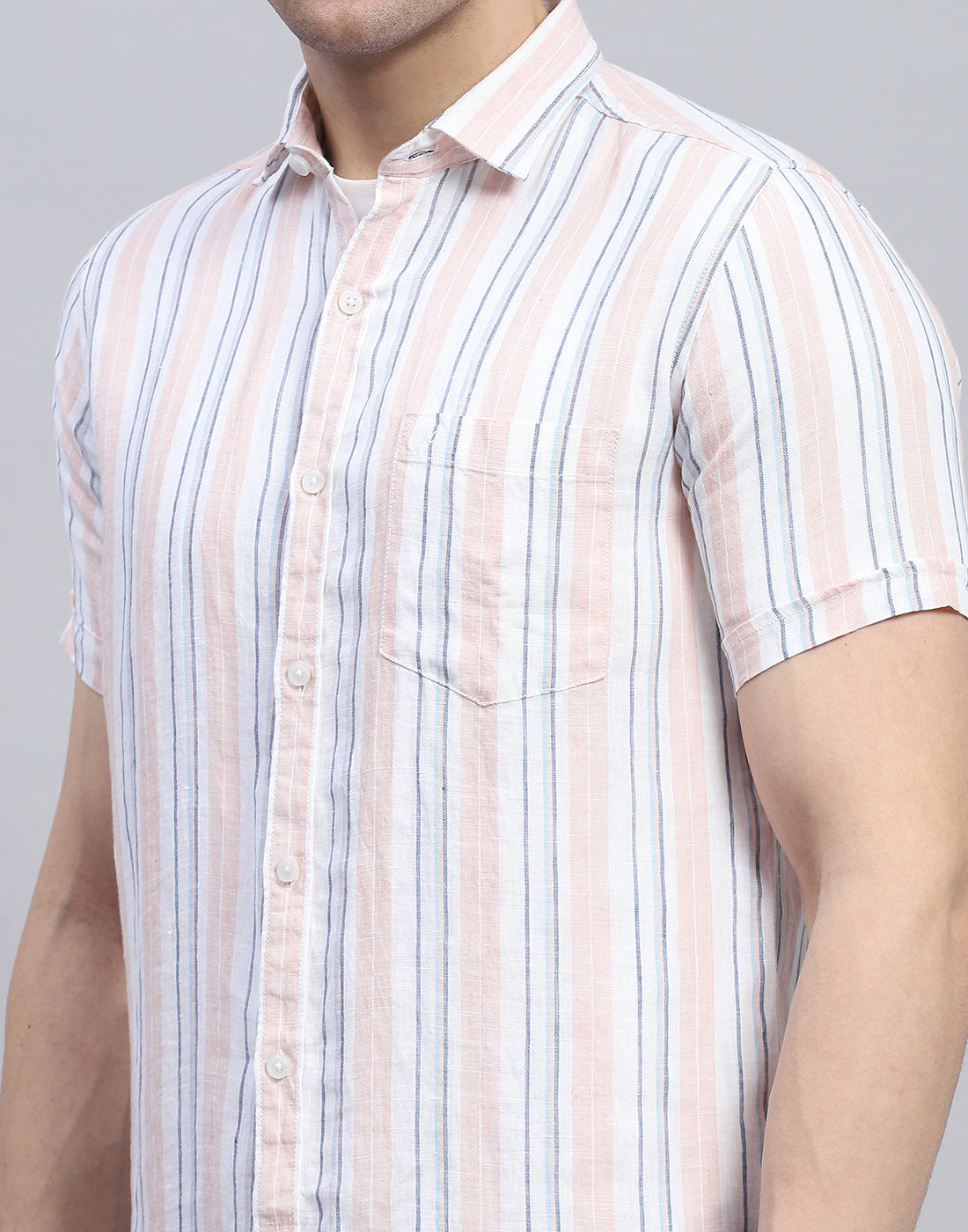 Men Peach Stripe Spread Collar Half Sleeve Linen Shirt