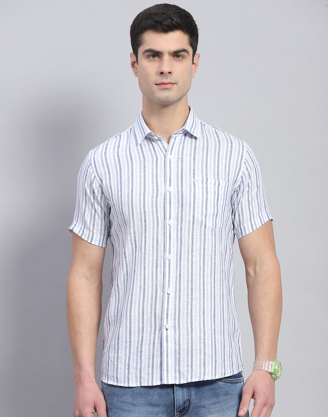 Men Blue Stripe Collar Half Sleeve Linen Shirt