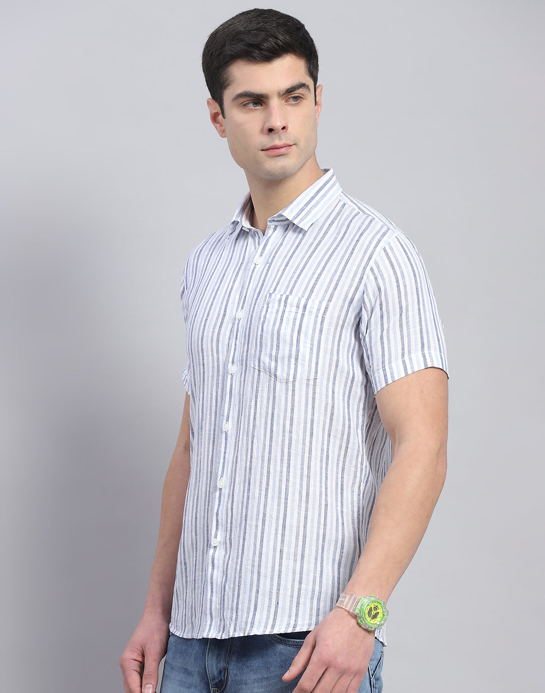 Men Blue Stripe Collar Half Sleeve Linen Shirt