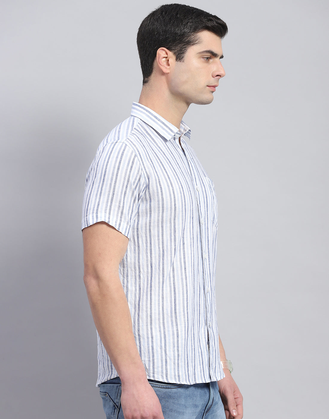 Men Blue Stripe Collar Half Sleeve Linen Shirt