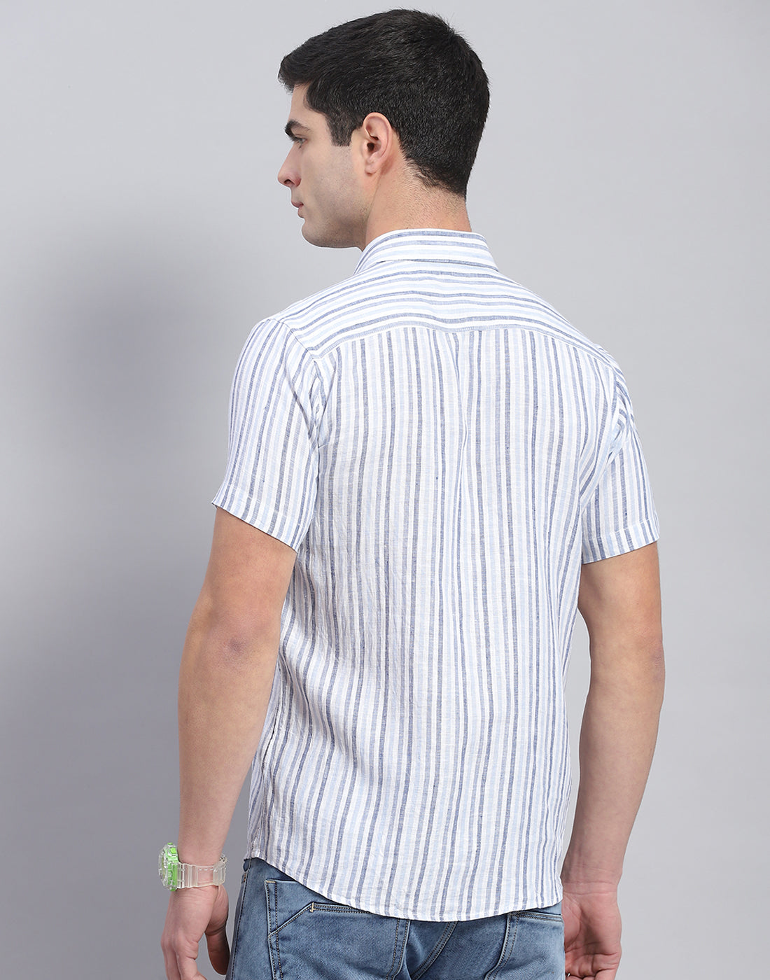Men Blue Stripe Collar Half Sleeve Linen Shirt