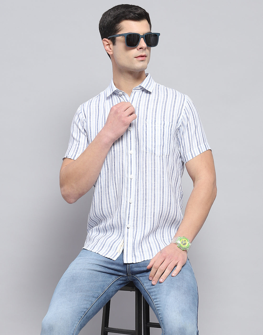 Men Blue Stripe Collar Half Sleeve Linen Shirt
