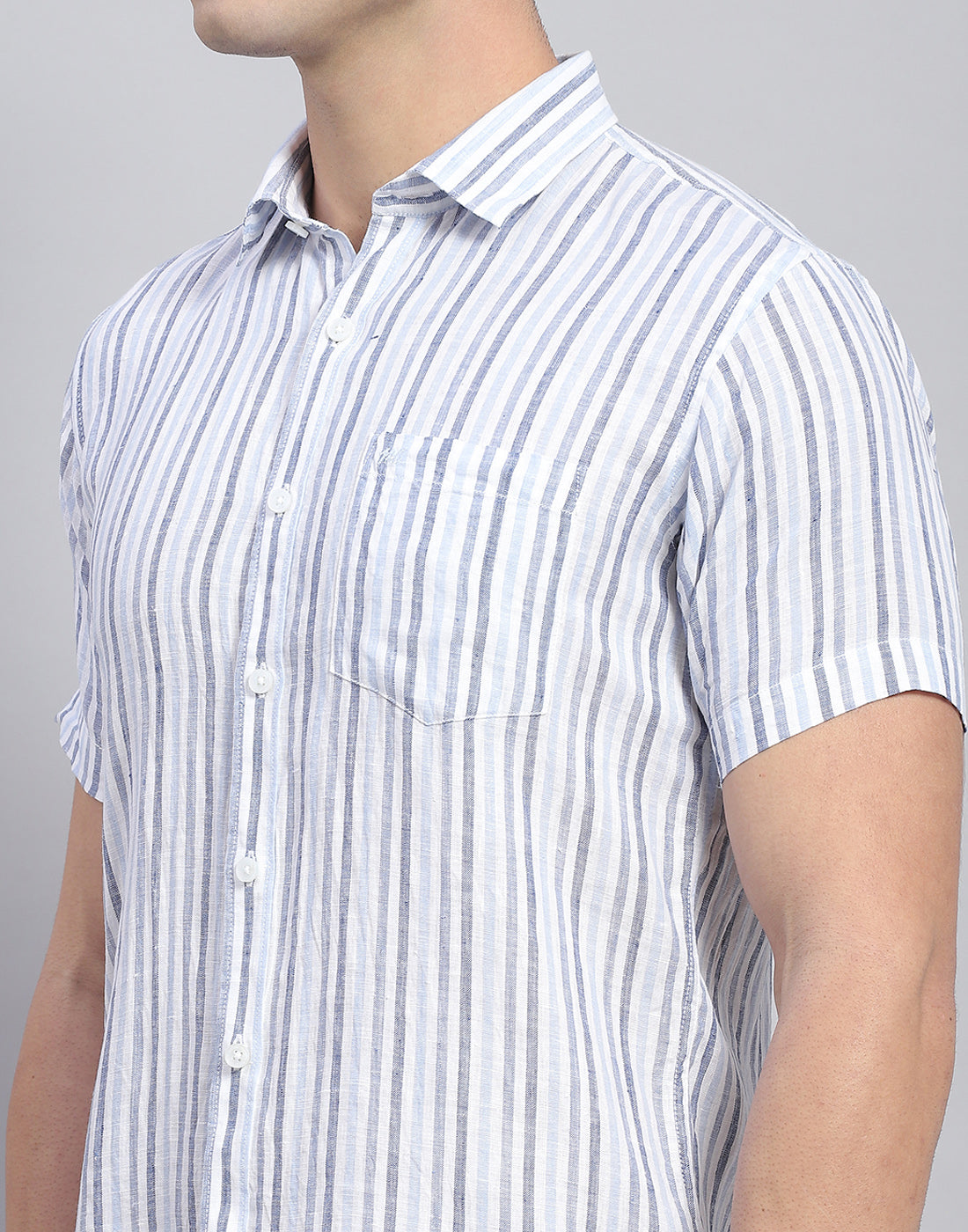 Men Blue Stripe Collar Half Sleeve Linen Shirt