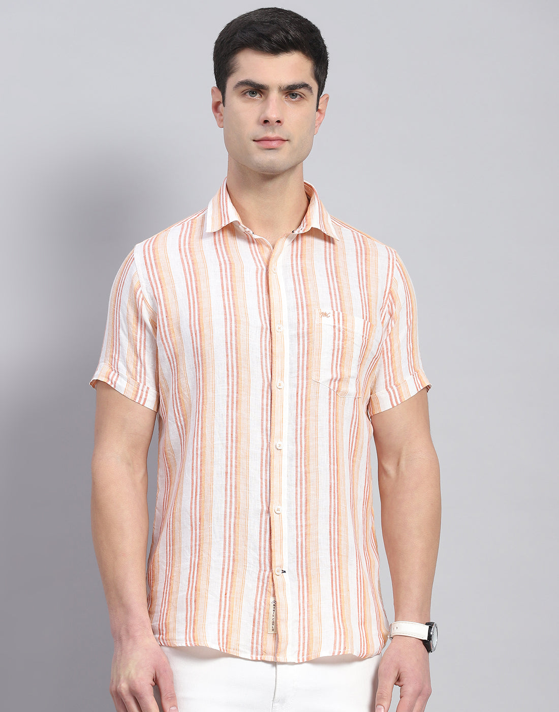 Men Orange Stripe Collar Half Sleeve Linen Shirt