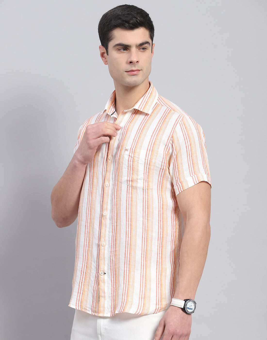 Men Orange Stripe Collar Half Sleeve Linen Shirt