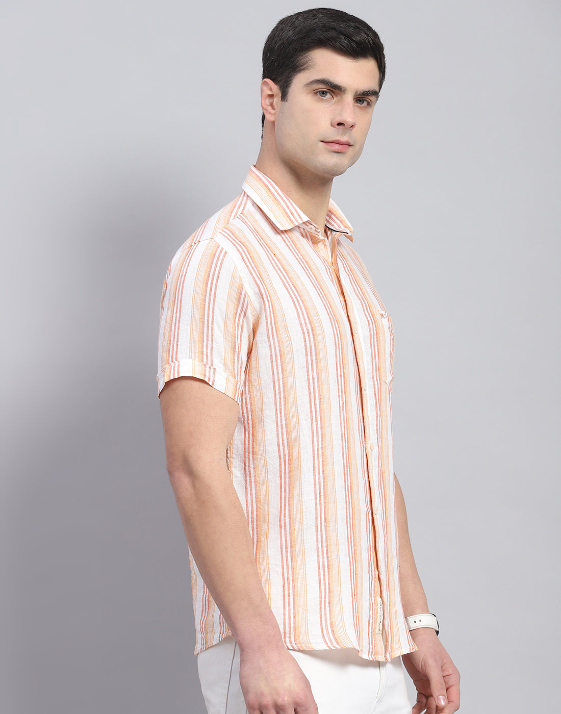 Men Orange Stripe Collar Half Sleeve Linen Shirt