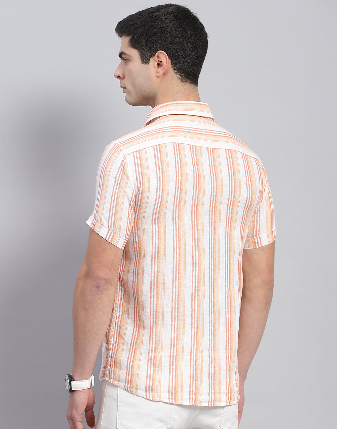 Men Orange Stripe Collar Half Sleeve Linen Shirt