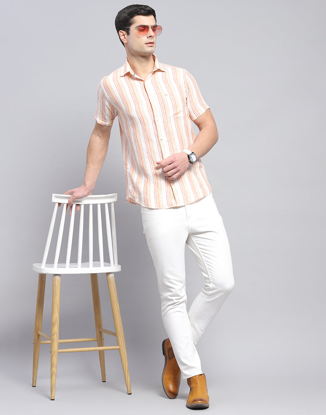 Men Orange Stripe Collar Half Sleeve Linen Shirt