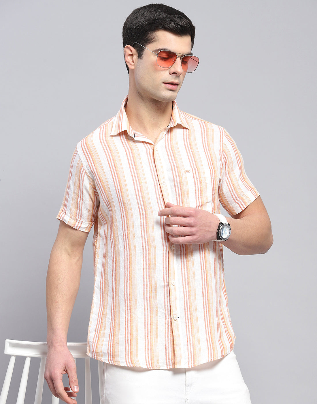 Men Orange Stripe Collar Half Sleeve Linen Shirt