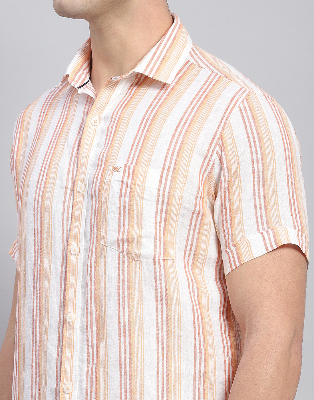 Men Orange Stripe Collar Half Sleeve Linen Shirt