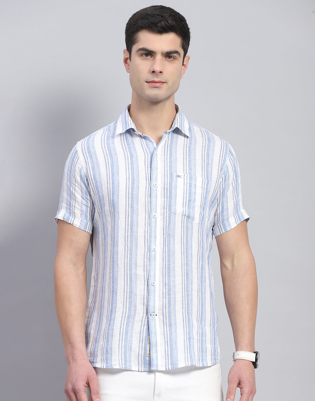 Men Blue Stripe Collar Half Sleeve Linen Shirt