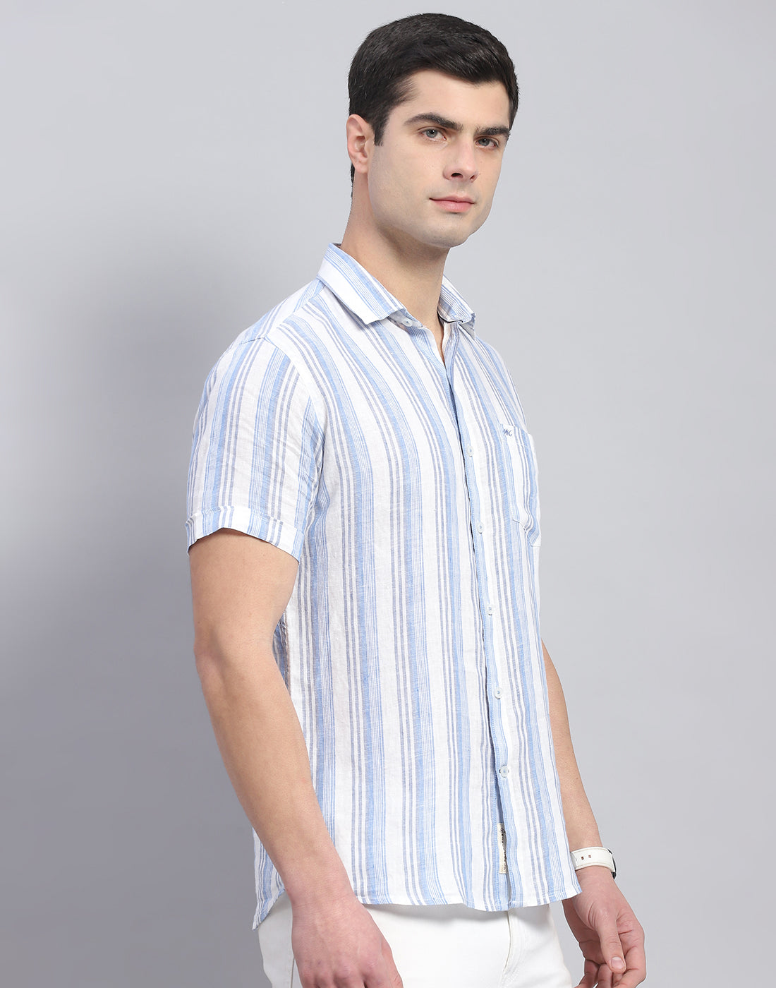 Men Blue Stripe Collar Half Sleeve Linen Shirt