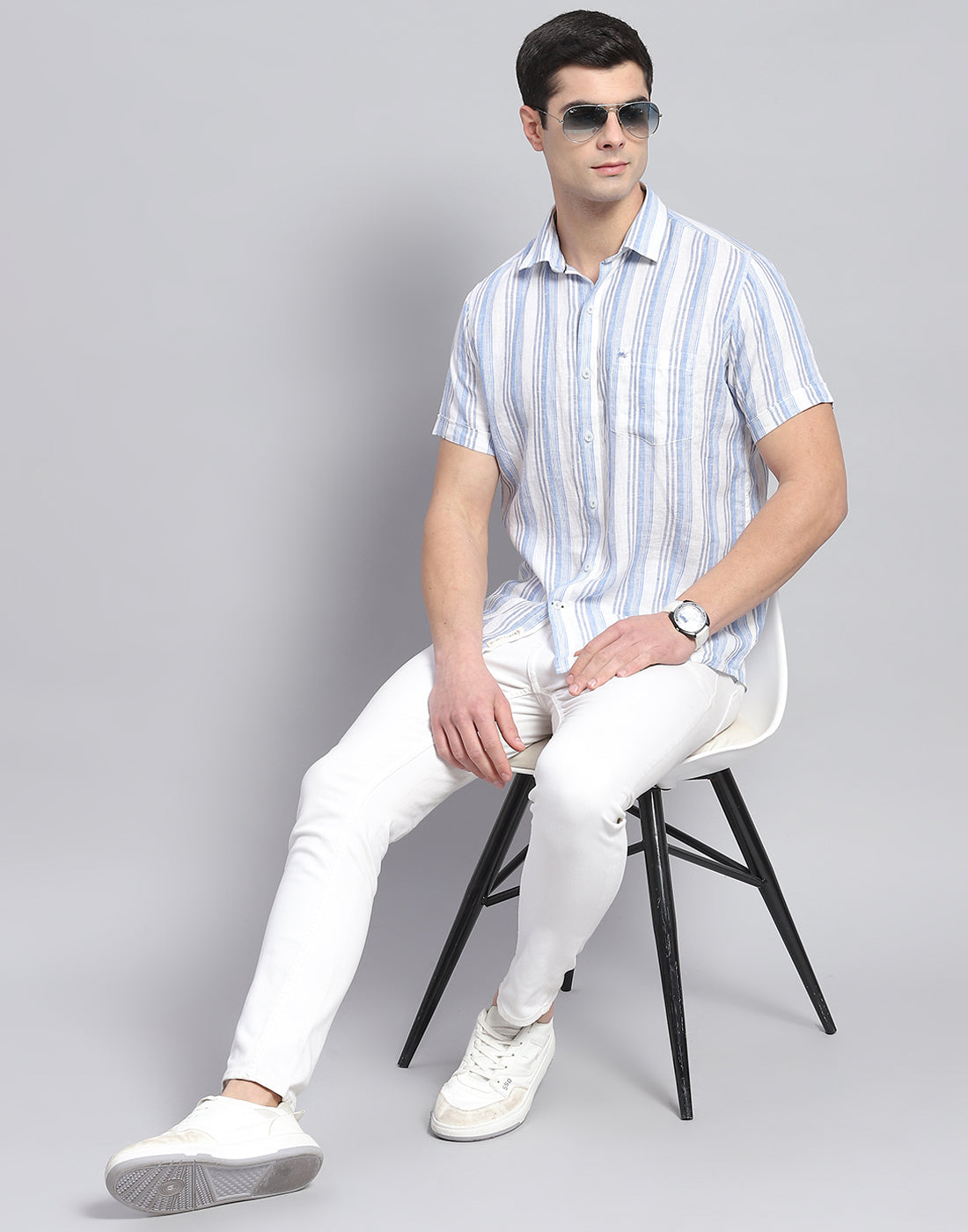 Men Blue Stripe Collar Half Sleeve Linen Shirt