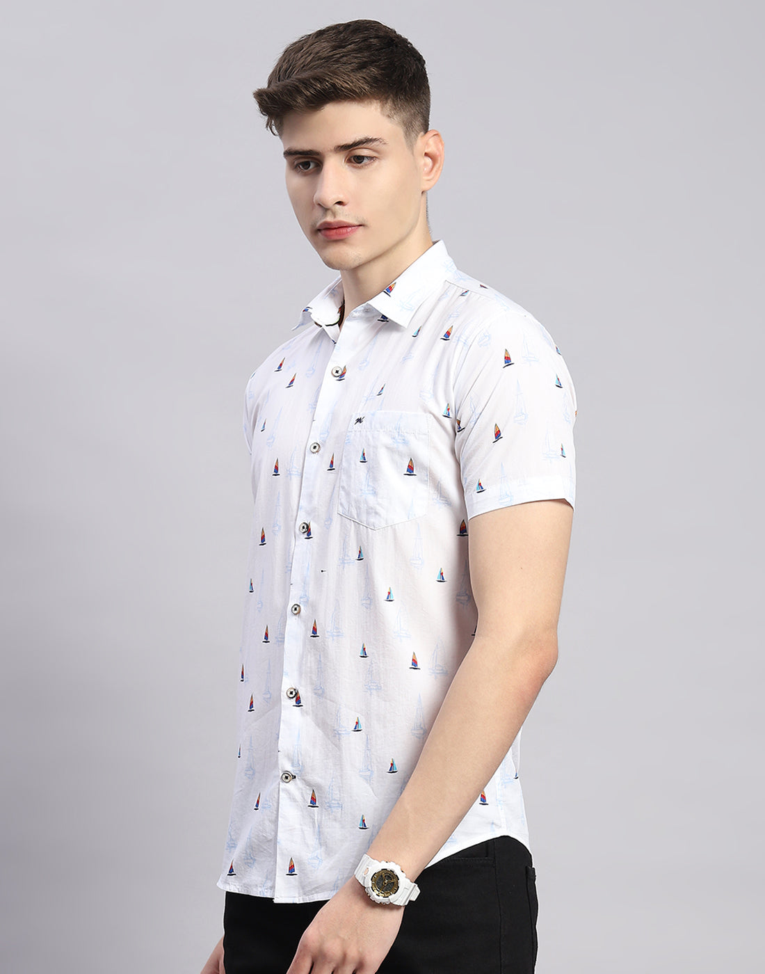 Men White Printed Collar Half Sleeve Shirt