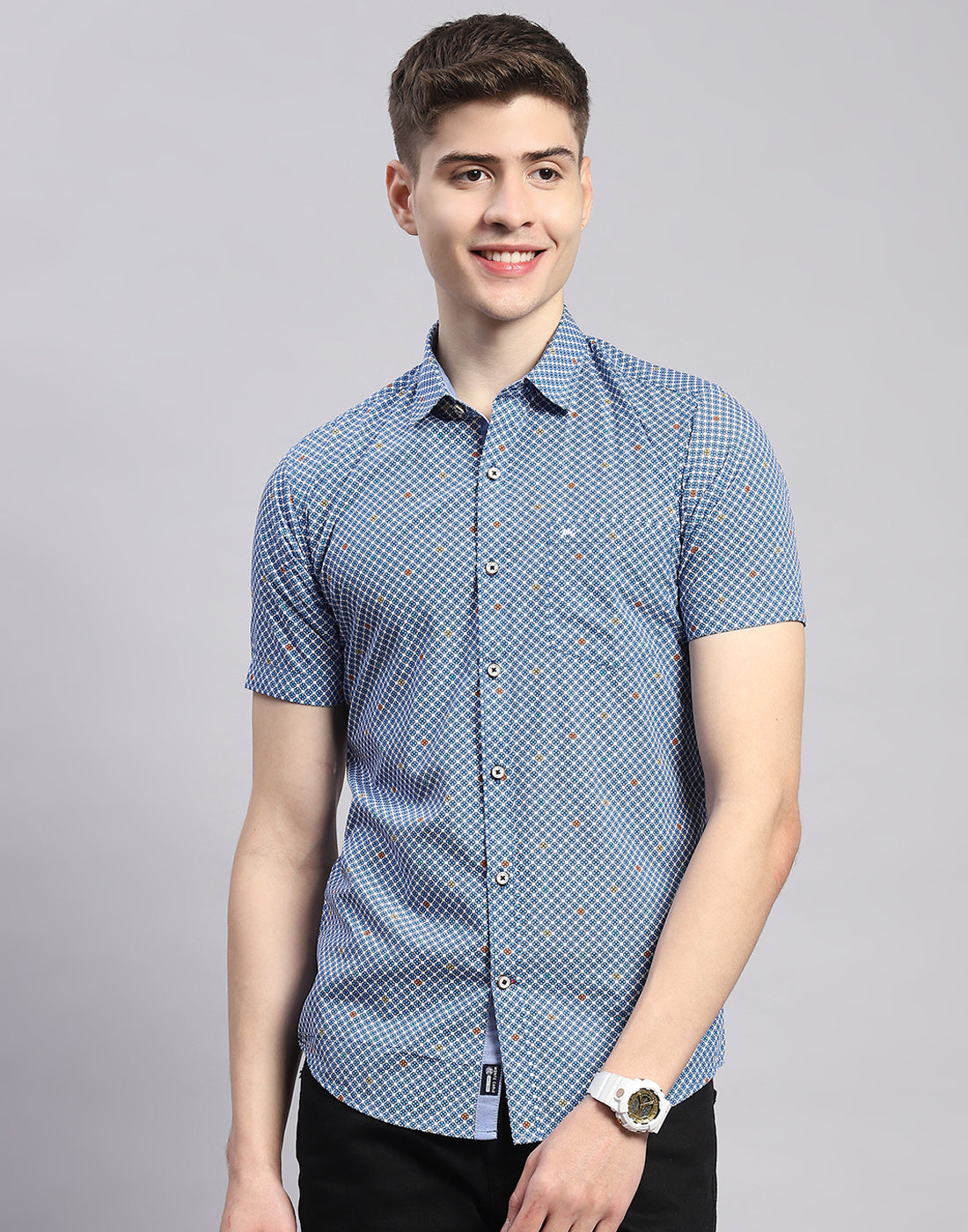 Men Blue Printed Collar Half Sleeve Shirt