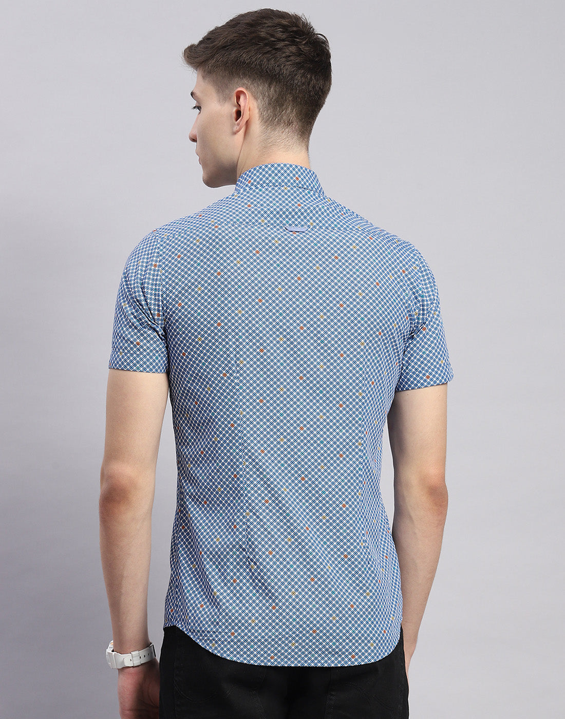 Men Blue Printed Collar Half Sleeve Shirt