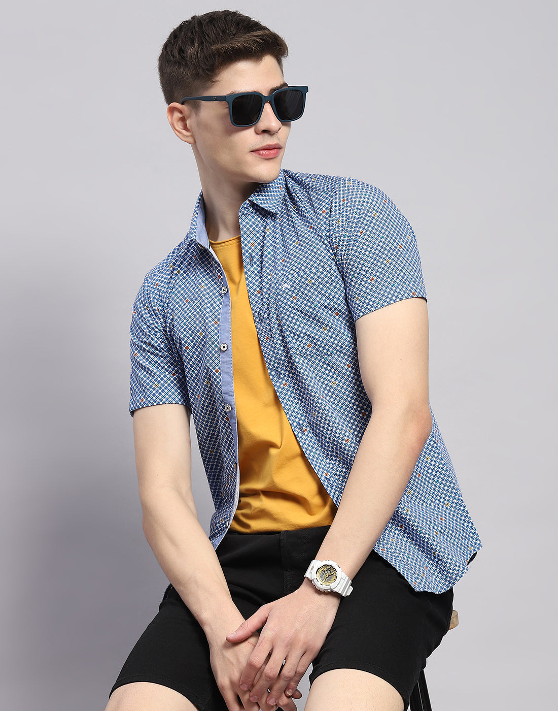 Men Blue Printed Collar Half Sleeve Shirt
