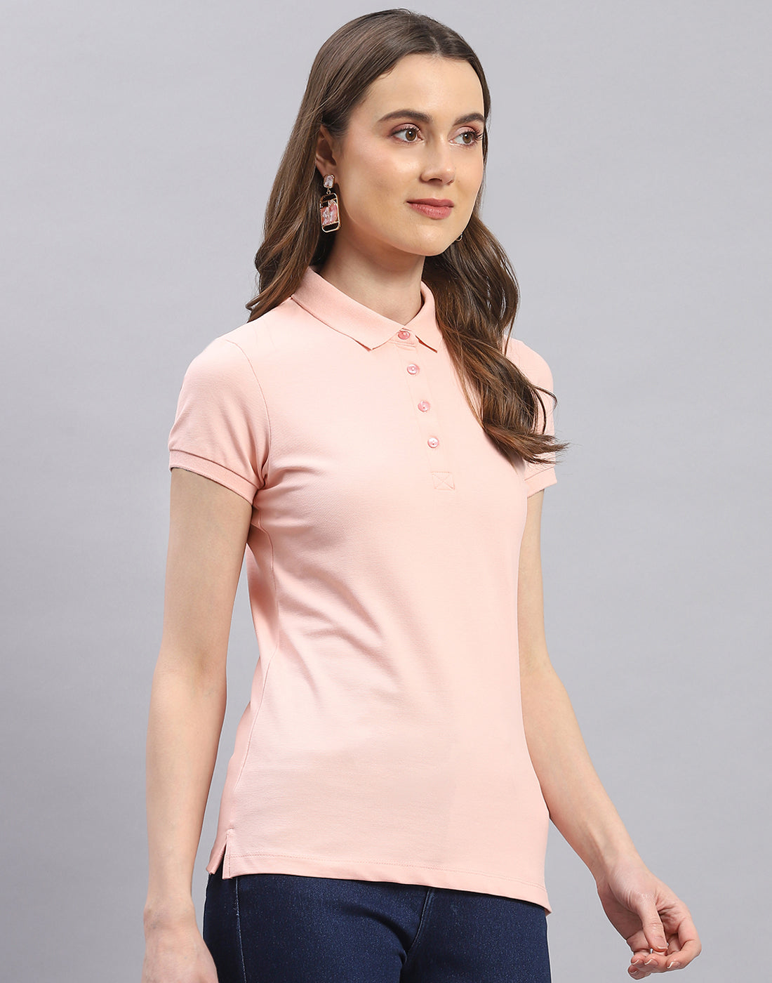 Women Peach Solid Polo Collar Half Sleeve T-Shirt