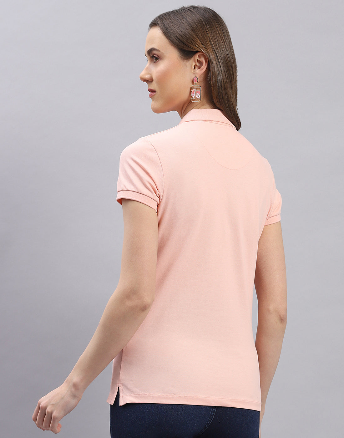 Women Peach Solid Polo Collar Half Sleeve T-Shirt