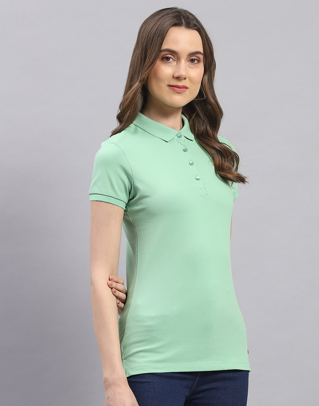 Women Green Solid Polo Collar Half Sleeve T-Shirt