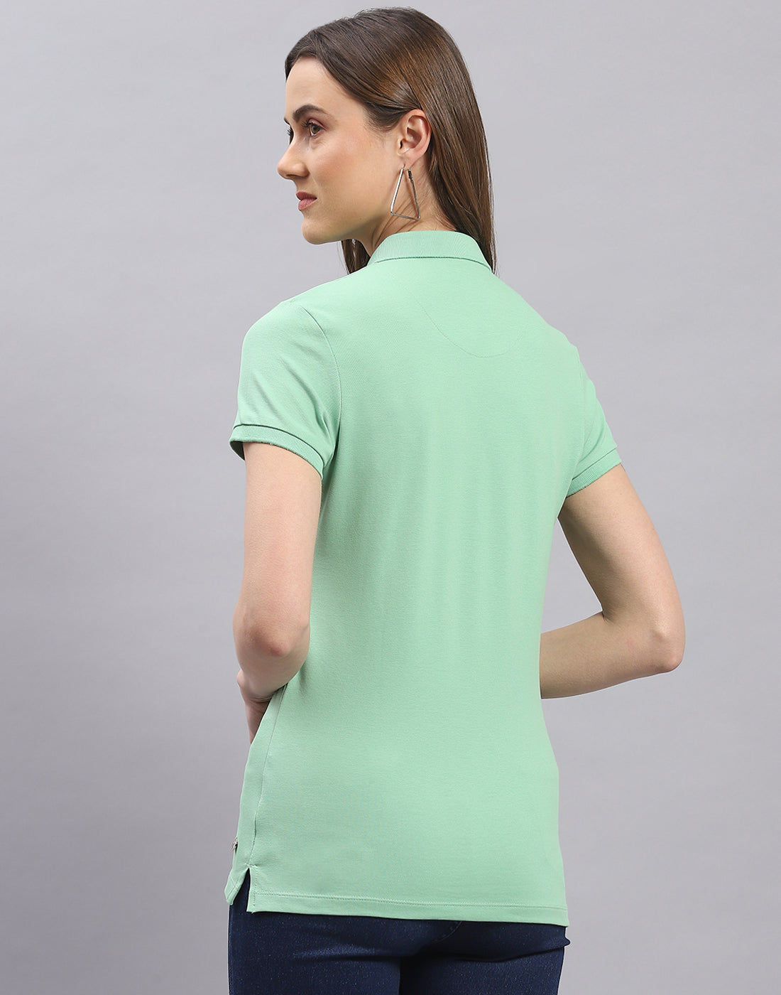 Women Green Solid Polo Collar Half Sleeve T-Shirt