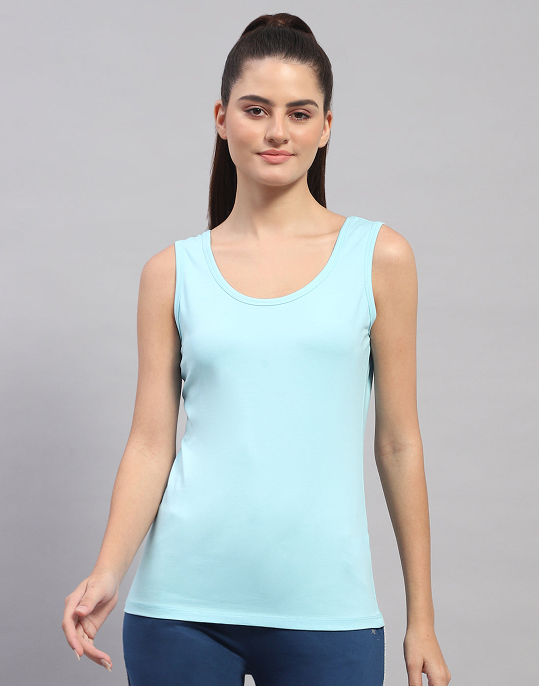 Women Blue Solid Round Neck Sleeveless Top