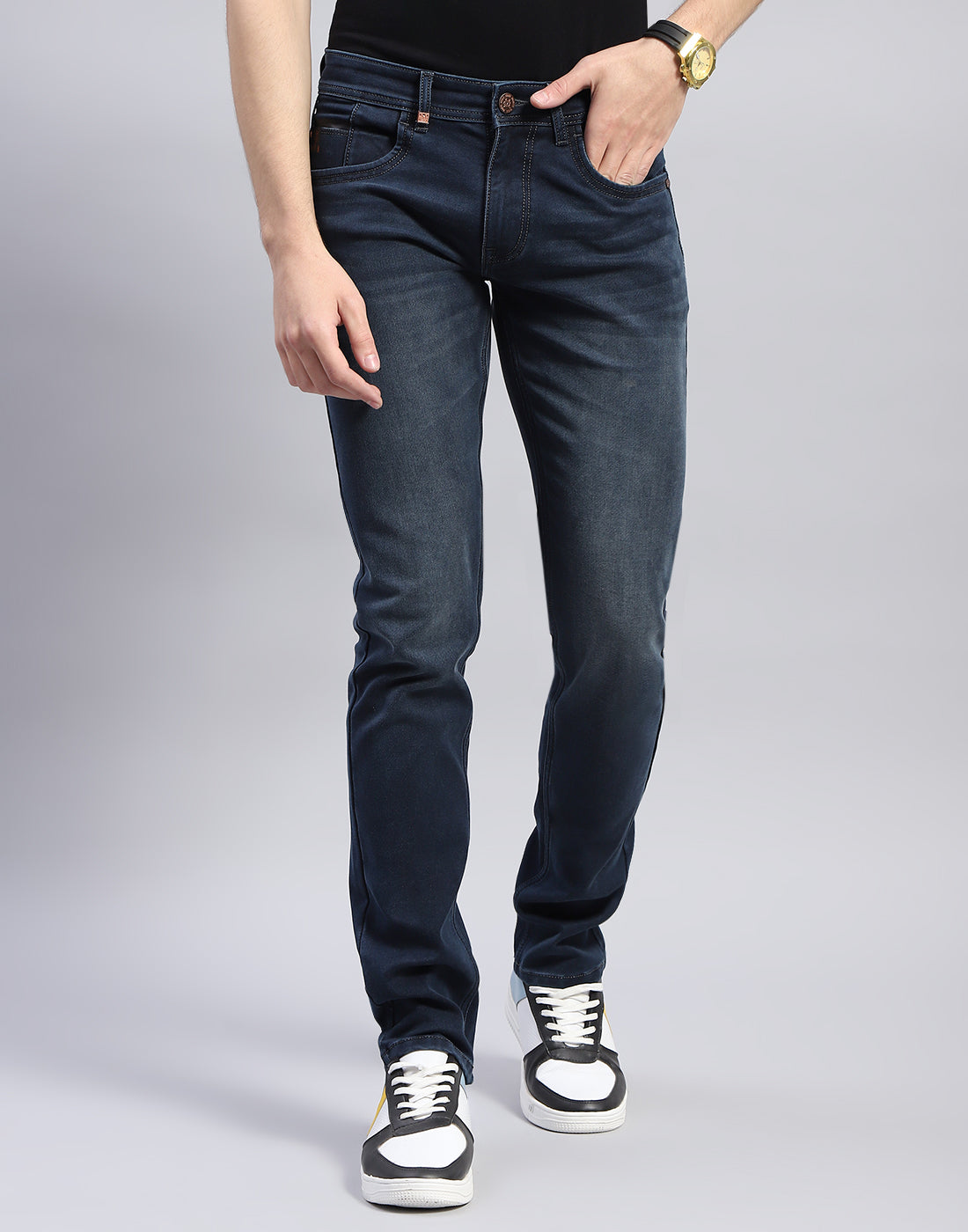 Men Navy Blue Light Wash Narrow Fit Denim - Main Image