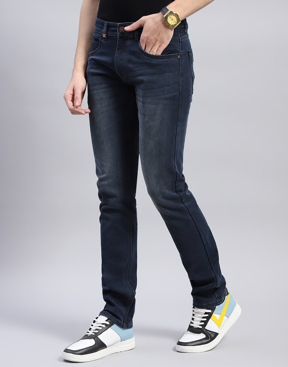 Men Navy Blue Light Wash Narrow Fit Denim