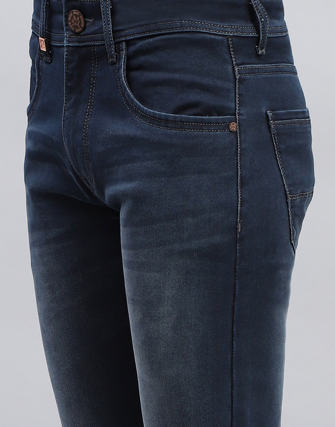 Men Navy Blue Light Wash Narrow Fit Denim