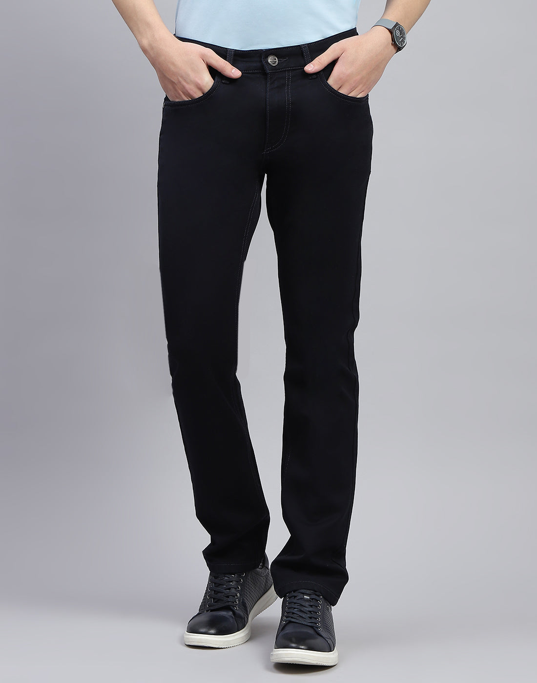 Men Navy Blue Light Wash Straight Fit Denim