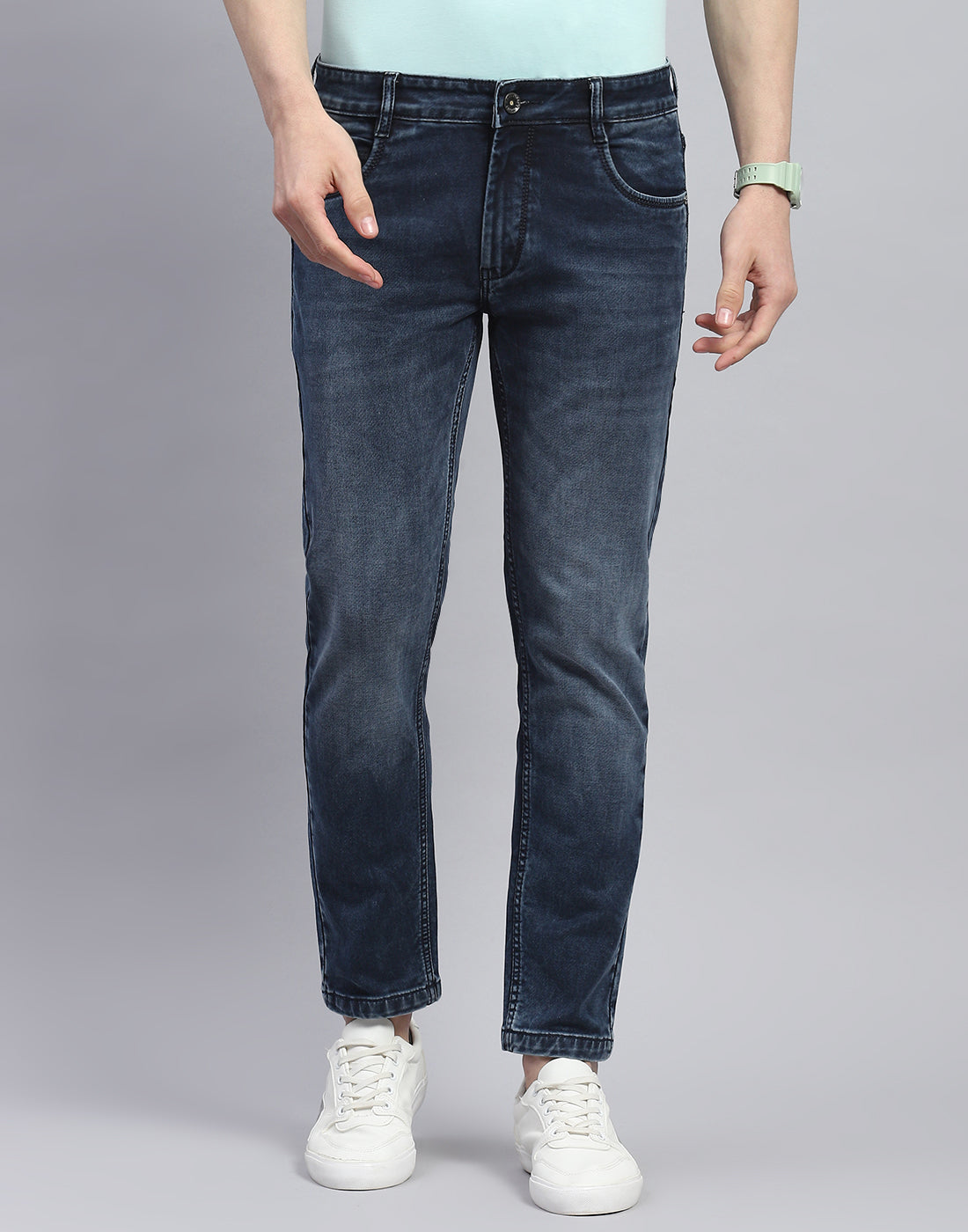 Men Blue Light Wash Ankle Length Denim