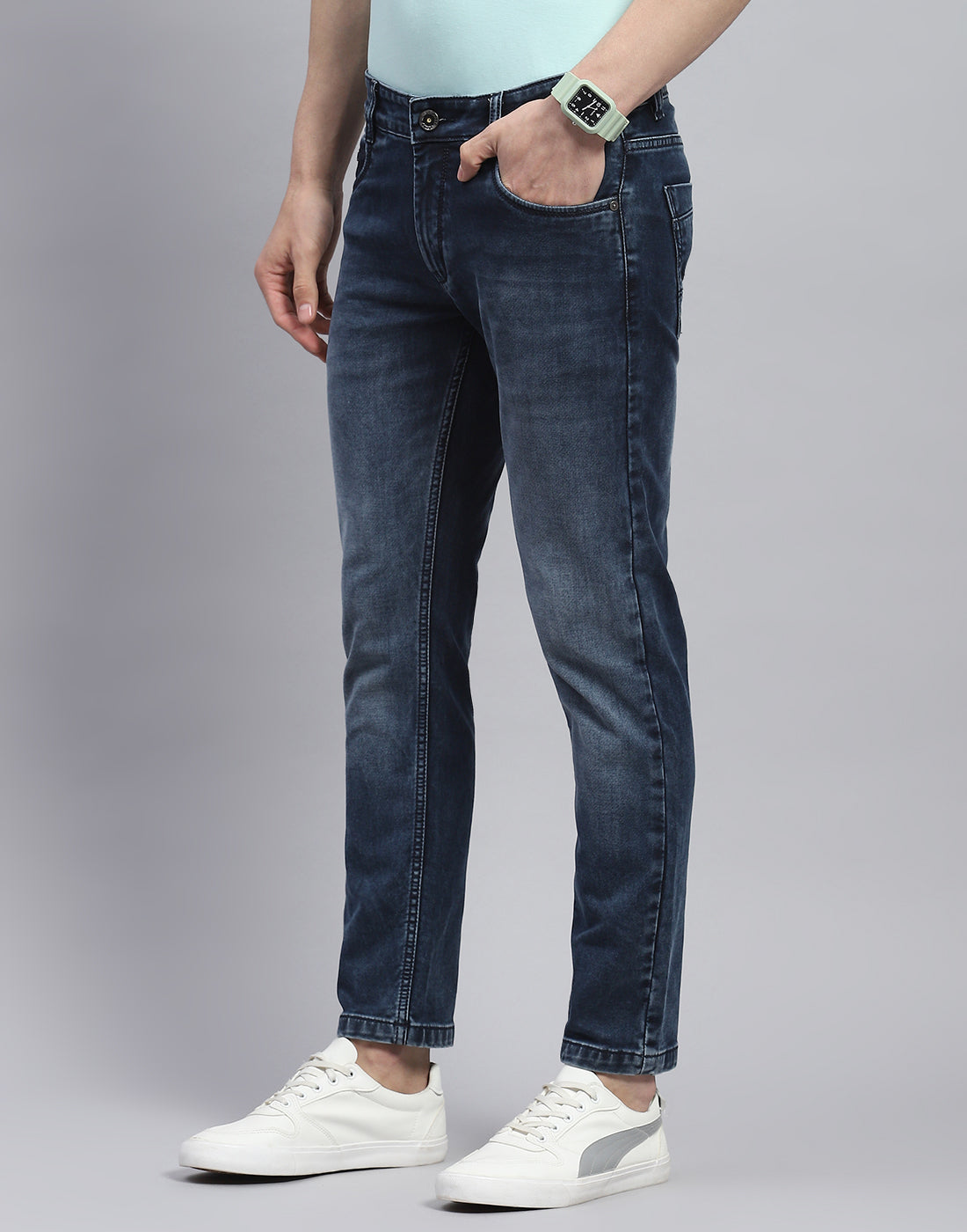 Men Blue Light Wash Ankle Length Denim