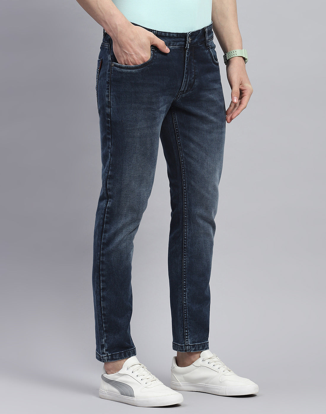 Men Blue Light Wash Ankle Length Denim